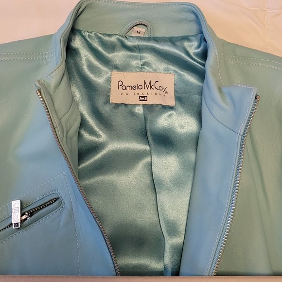 ❣️HP❣️ Pamela McCoy 100% leather aqua full zip satin lined jacket sz: M NWOT - Picture 9 of 12